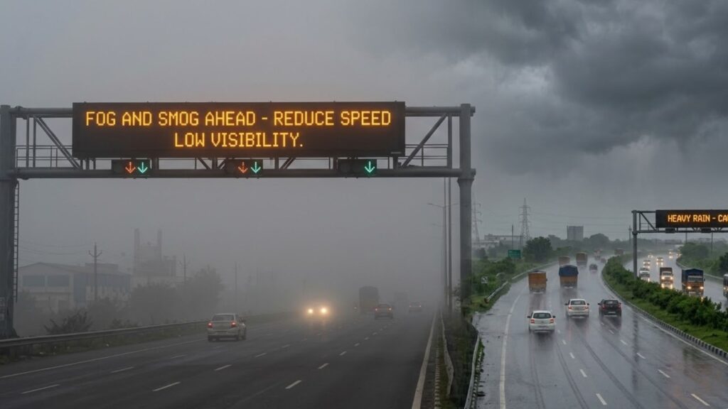 High-intensity LED Variable Message Sign warning drivers about low visibility on a foggy Indian highway during heavy rain.